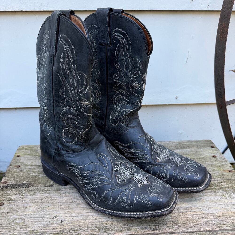 Tony Lama 8 1/2B Black Leather Silver Cross Cowgirl Western Boots 7932L